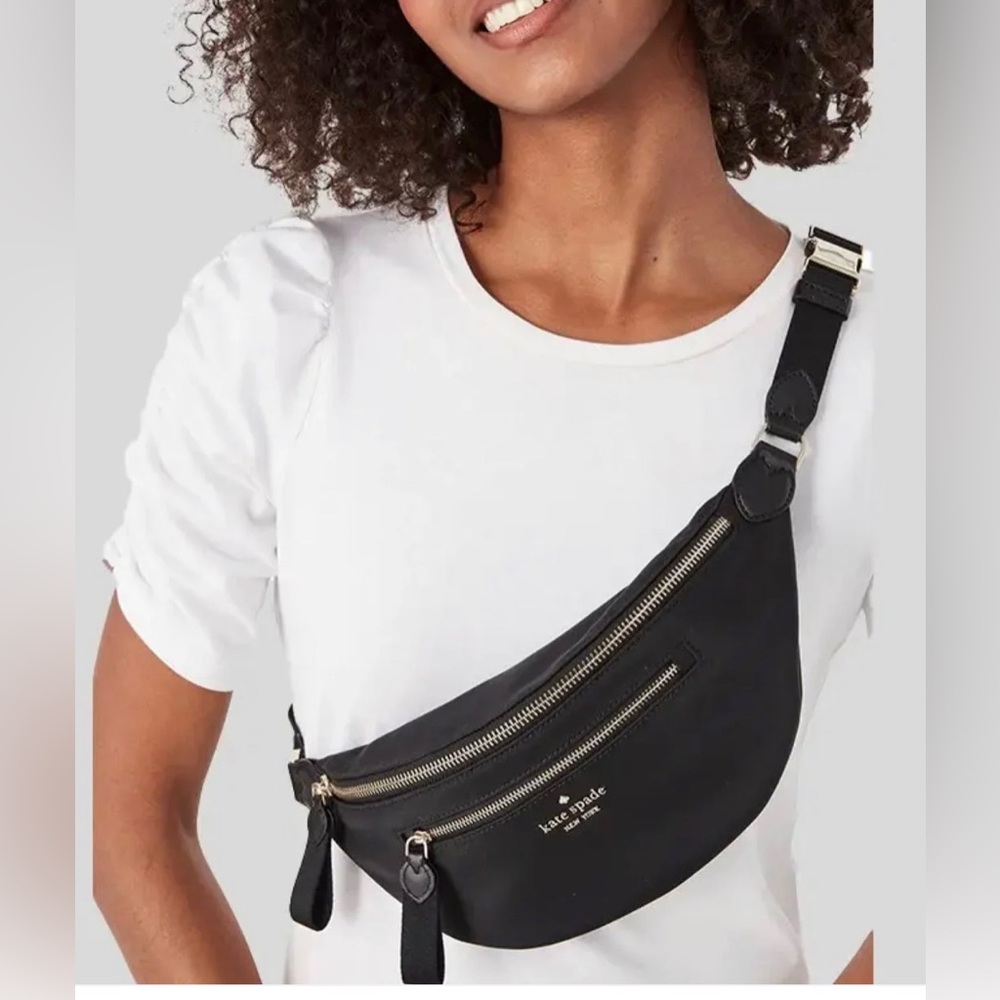 USED KATE SPADE NYLON CHELSEA BETTER BLACK BELT BAG FANNY LEATHER TRIM $249 - Picture 3 of 7